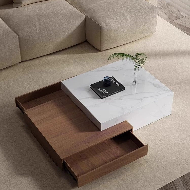 Modern Imported Coffee Table with Stone Veneer & Wood Drawers, Pula BT66