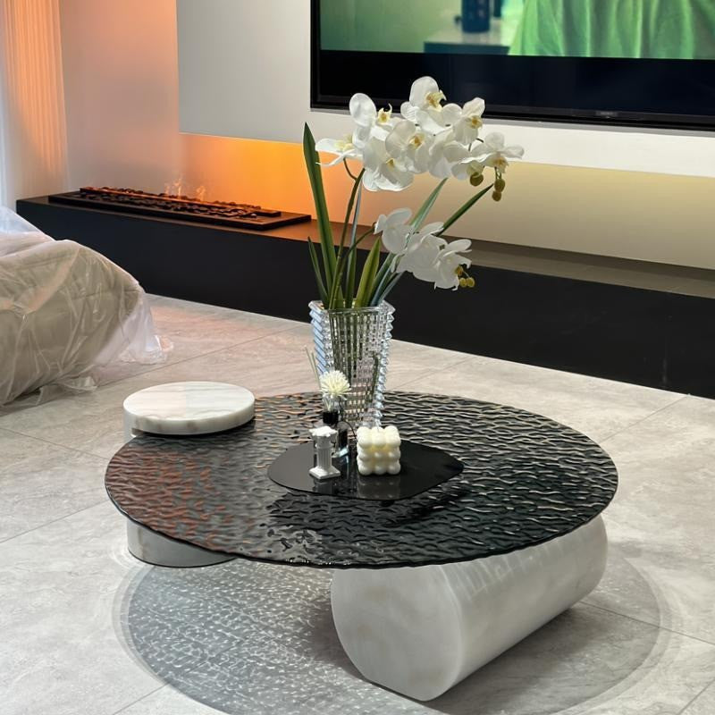 Pula BT51 Modern Wavy Glass Coffee Table with Elegant Marble Base