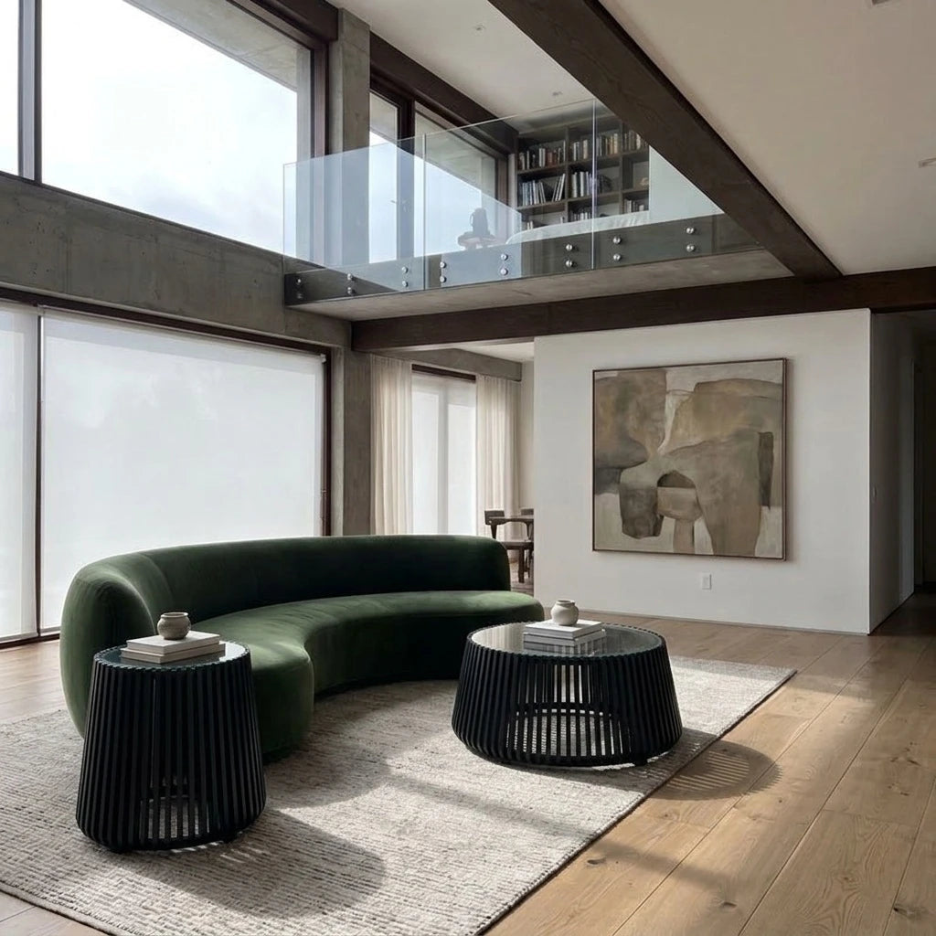 Barga coffee table and side table set in black acacia with glass tops