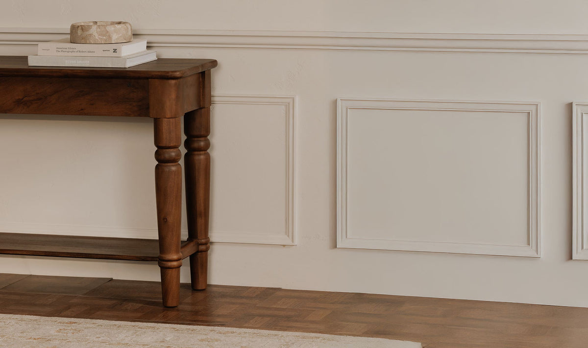 Rodez Console Table in Brown, styled in a living room, view 2
