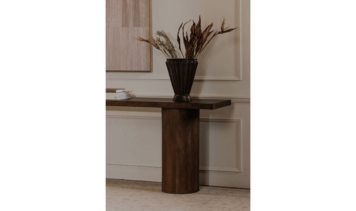 Hallstatt Console Table in Warm Brown, styled in a living room, view 2