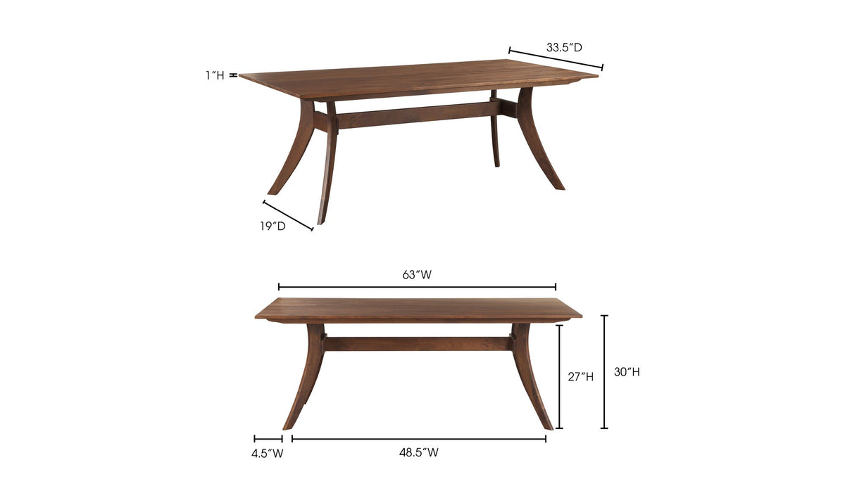 Fontaine Dining Table in Brown, dimensions diagram, 63" × 33½"