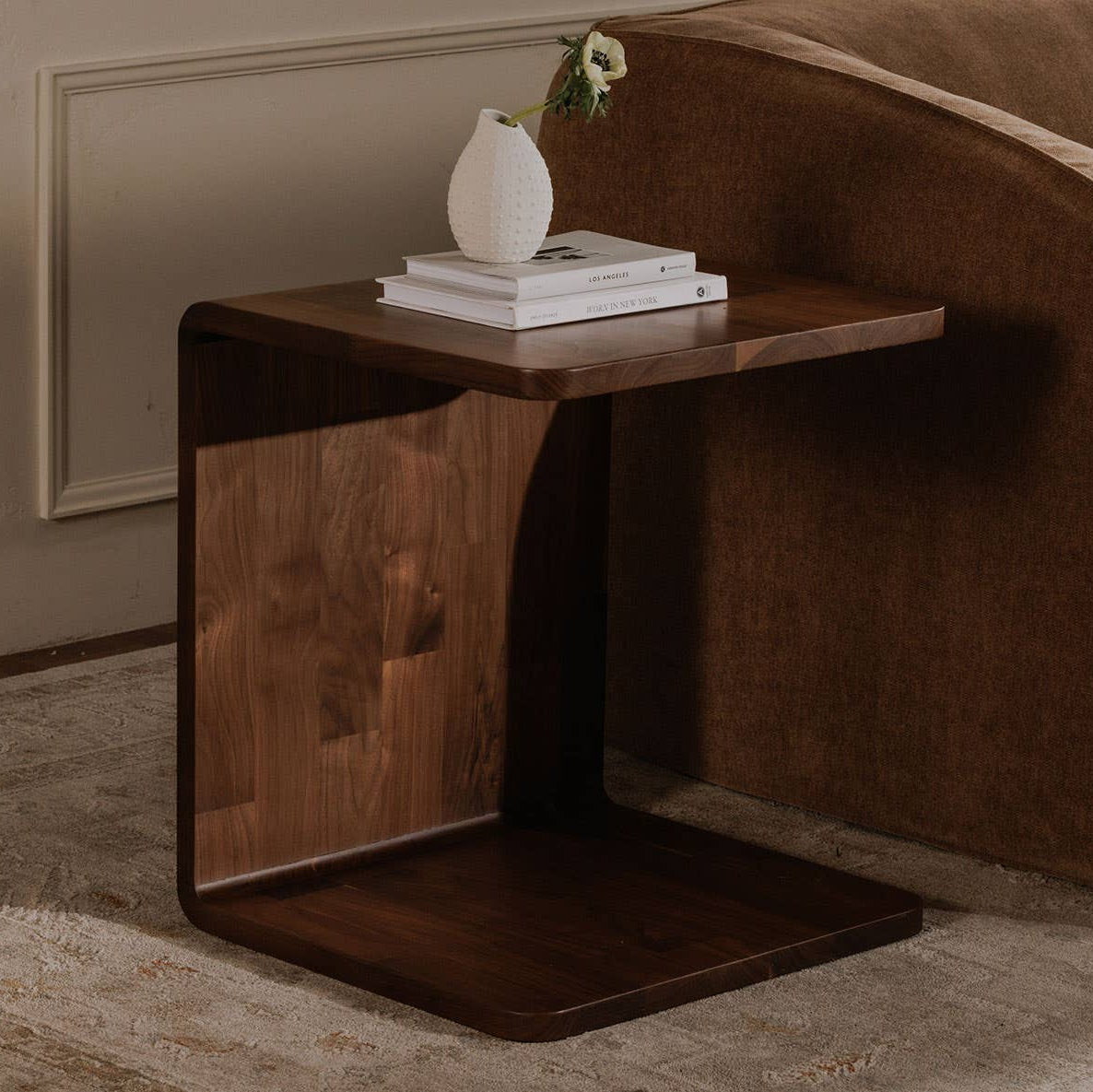 Cadiz Side Table in Walnut — styled in a living room
