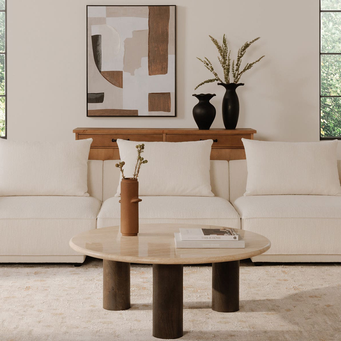 Lorient Coffee Table in Beige Travertine — styled in a living room