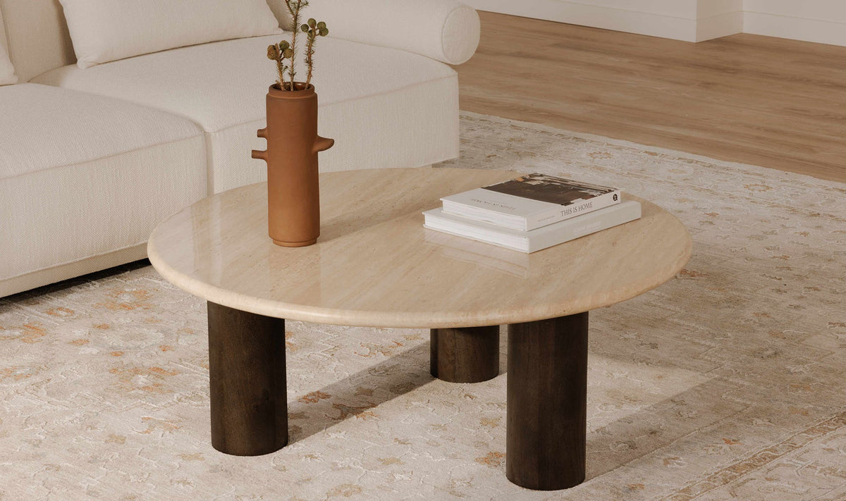 Lorient Coffee Table in Beige Travertine — styled in a living room