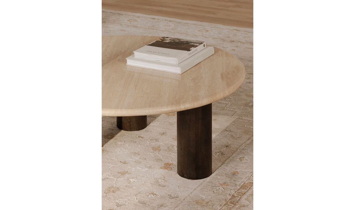 Lorient Coffee Table in Beige Travertine — styled in a living room
