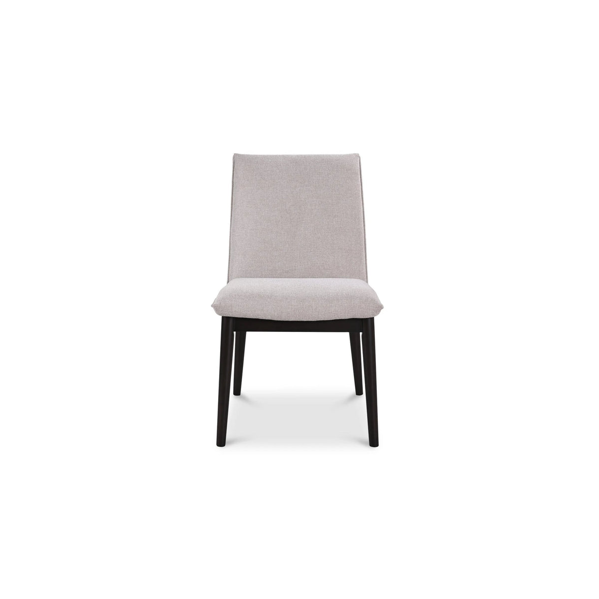 Cole Dining Chair in beige fabric with black legs, offered with the Gisborne tables