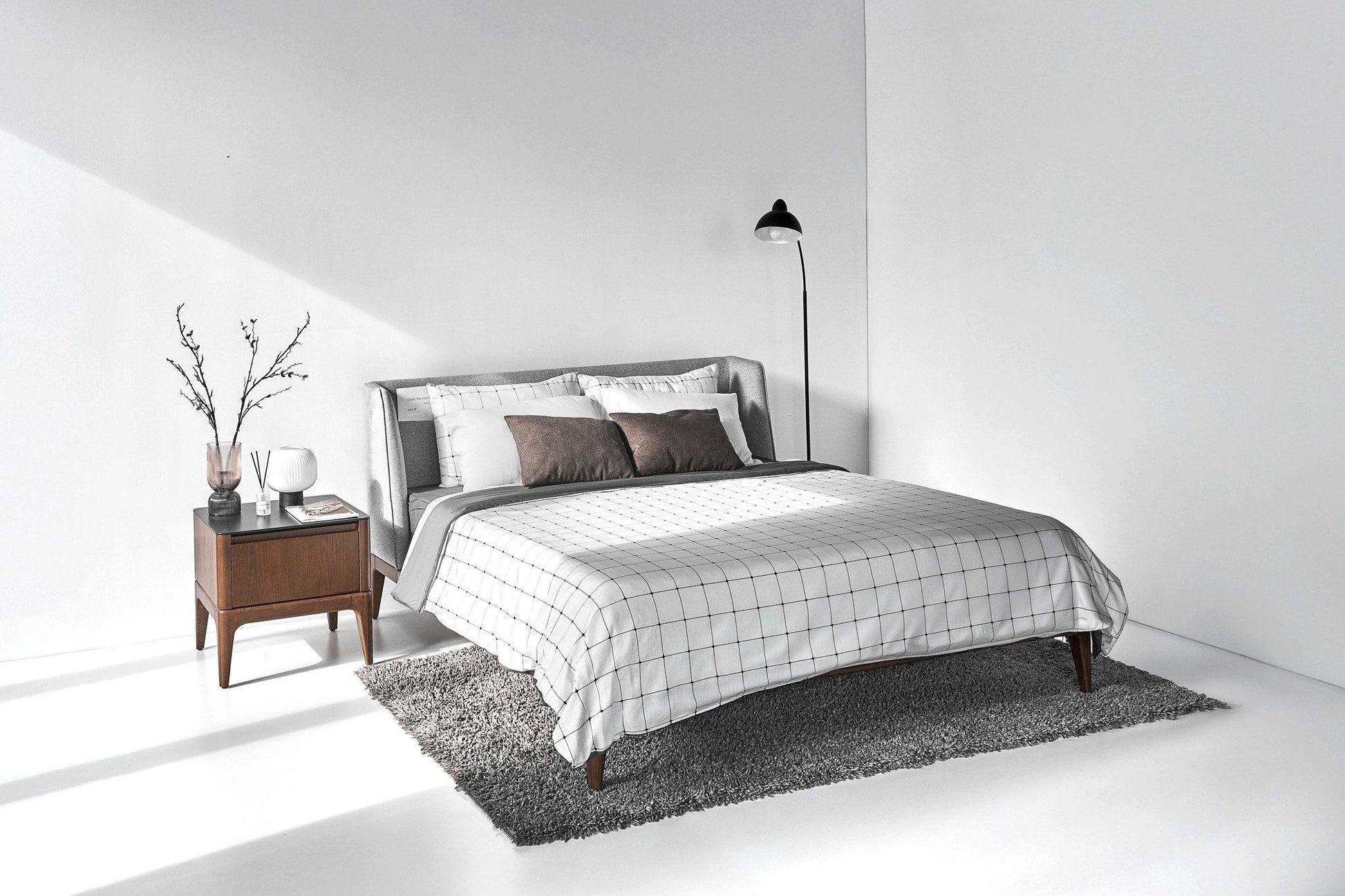 SCARLET Italian Design Fabric Bed, Ash Wood Frame, Integrated Storage Headboard