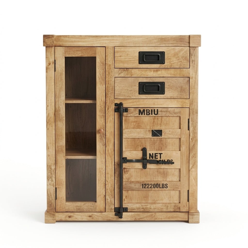 Container - Style Cabinet in Mango Wood with Glass Door and 2 Drawers - Altera