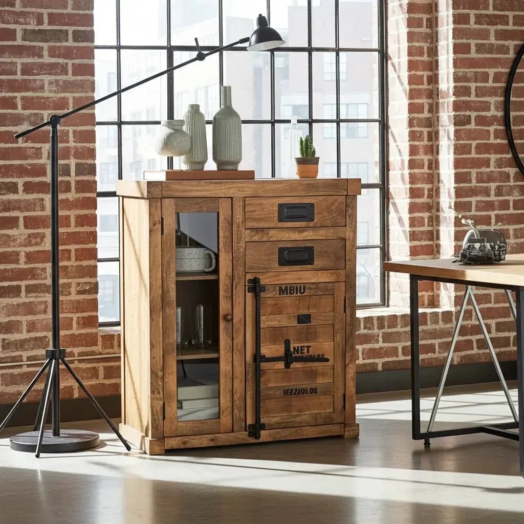 Container - Style Cabinet in Mango Wood with Glass Door and 2 Drawers - Altera