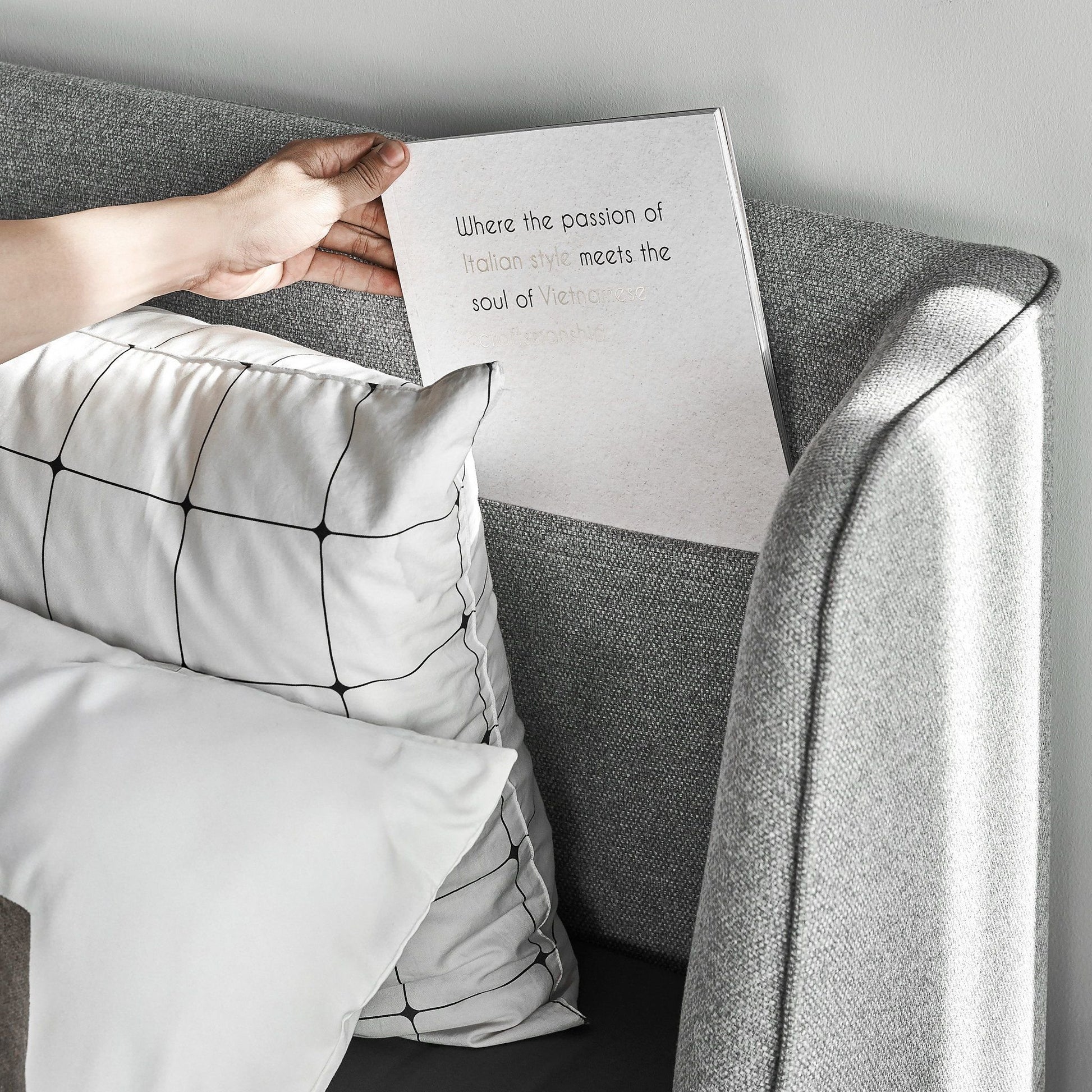 SCARLET Italian Design Fabric Bed, Ash Wood Frame, Integrated Storage Headboard