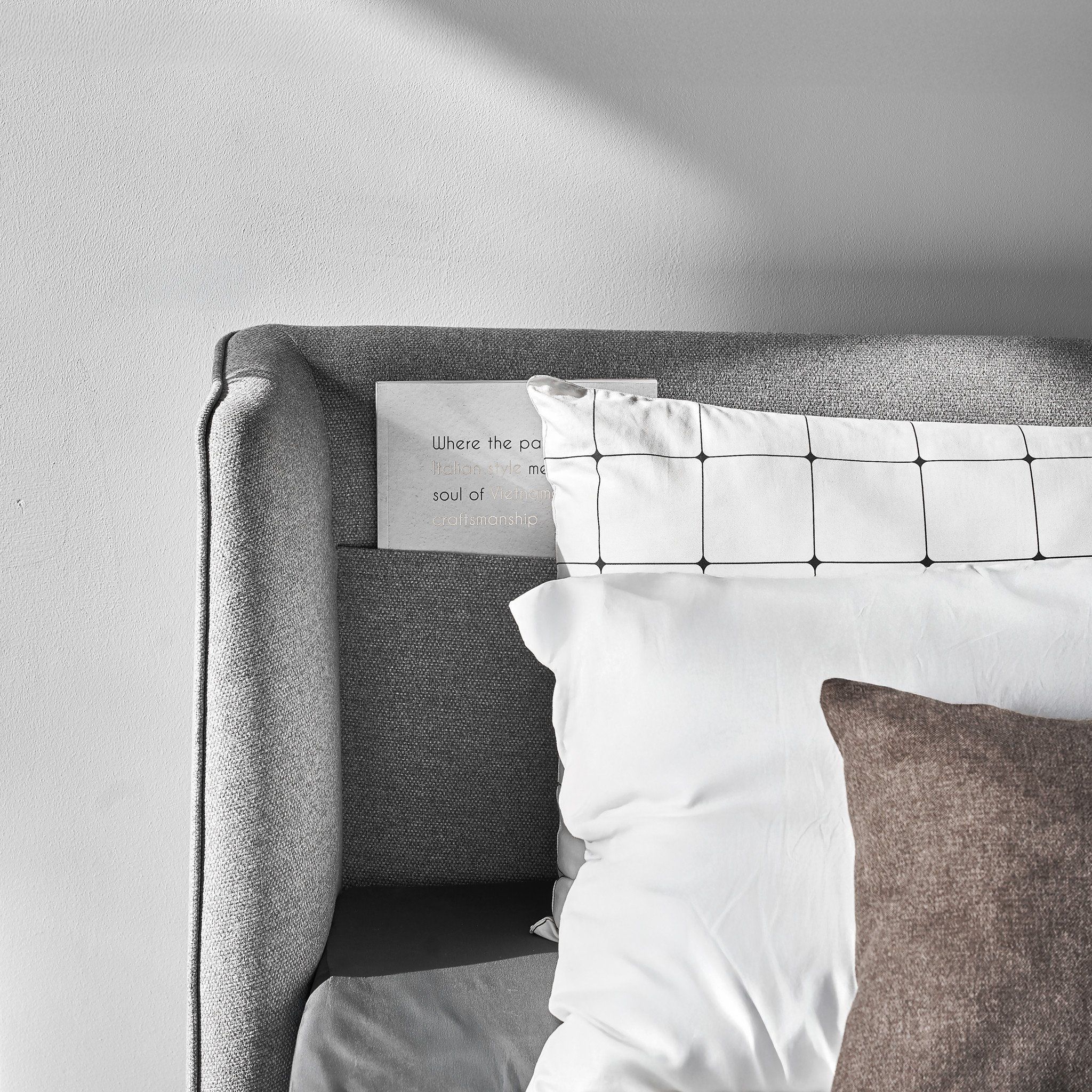 SCARLET Italian Design Fabric Bed, Ash Wood Frame, Integrated Storage Headboard