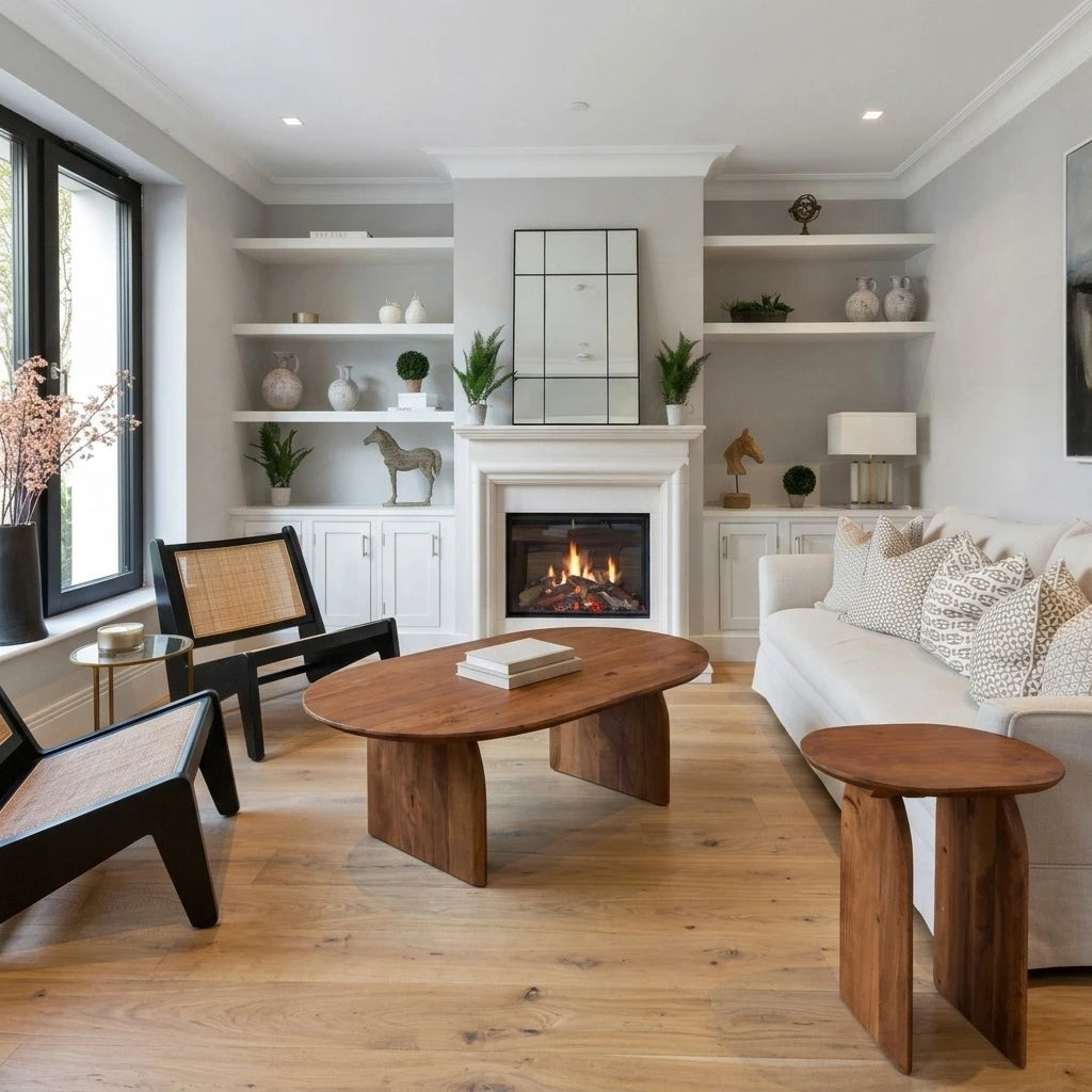 Deia Coffee Table with a matching Deia Side Table by a fireplace