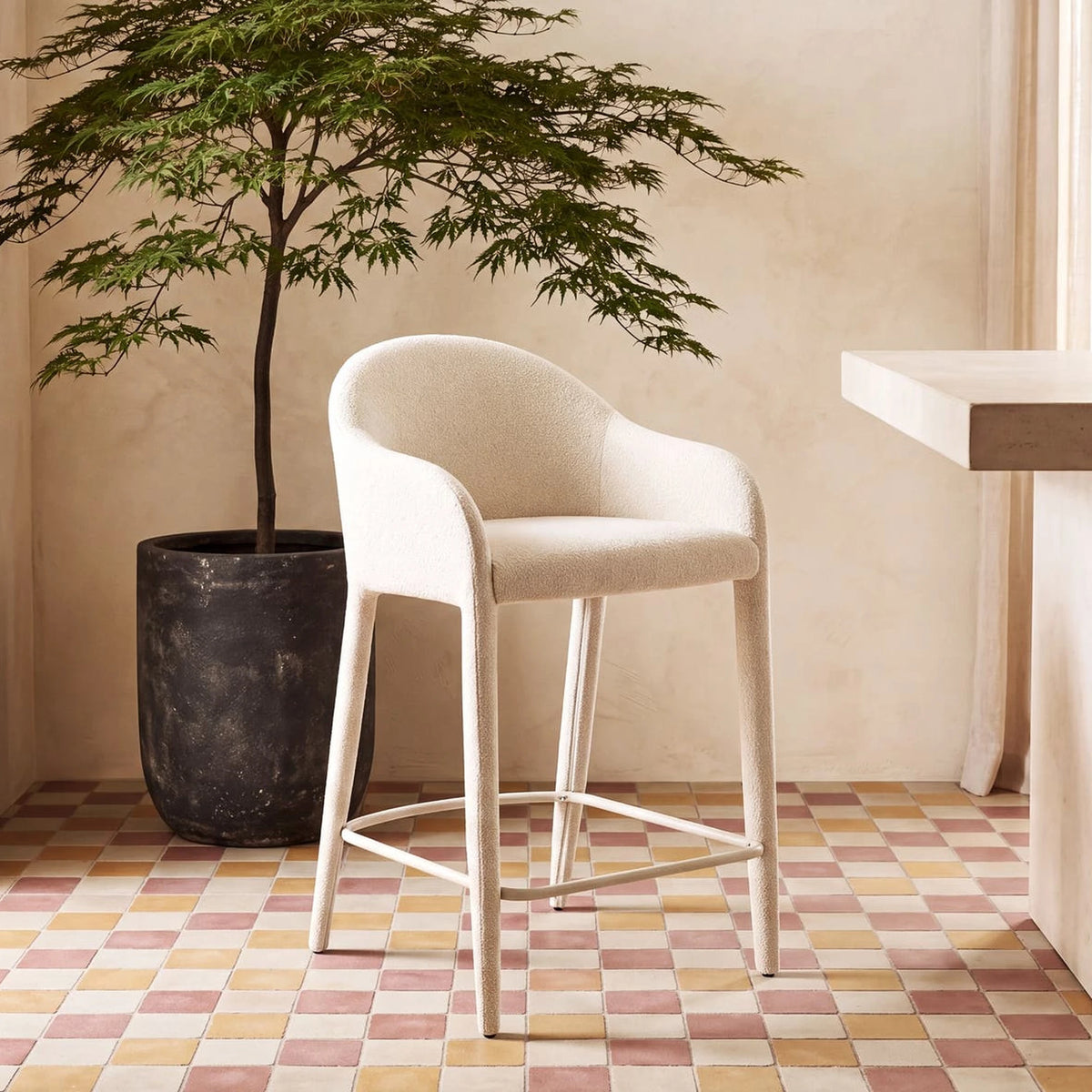Marvao Counter Stool in Off White, styled in a living room