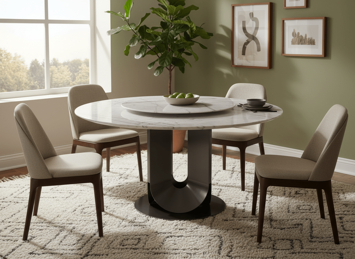 Eleonore Round White Marble Dining Table with Rotating Center - Altera