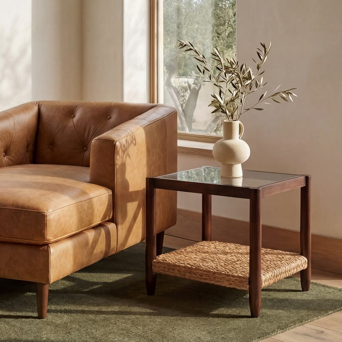 Braga Side Table in Brown — styled in a living room