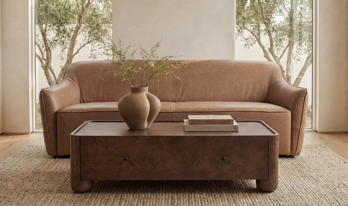 Galway Coffee Table in Burl — styled in a living room