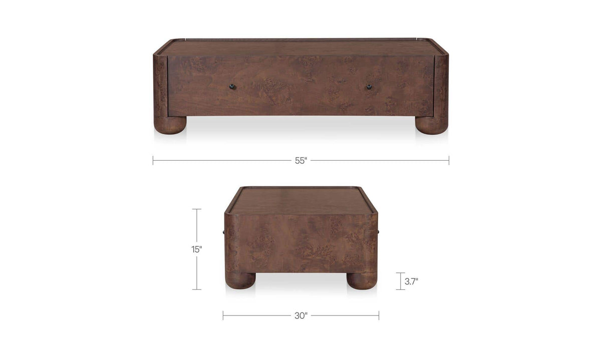 Galway Coffee Table in Burl — dimensions diagram, 55" × 30"
