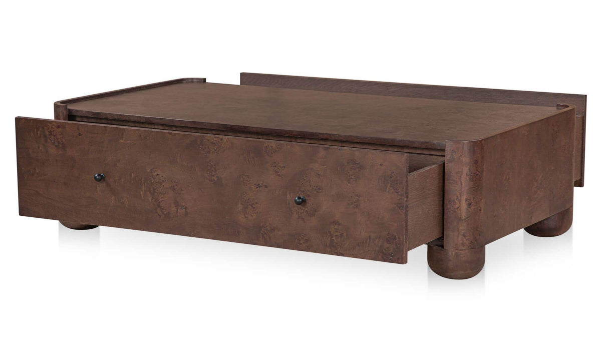 Galway Coffee Table in Burl — three-quarter view