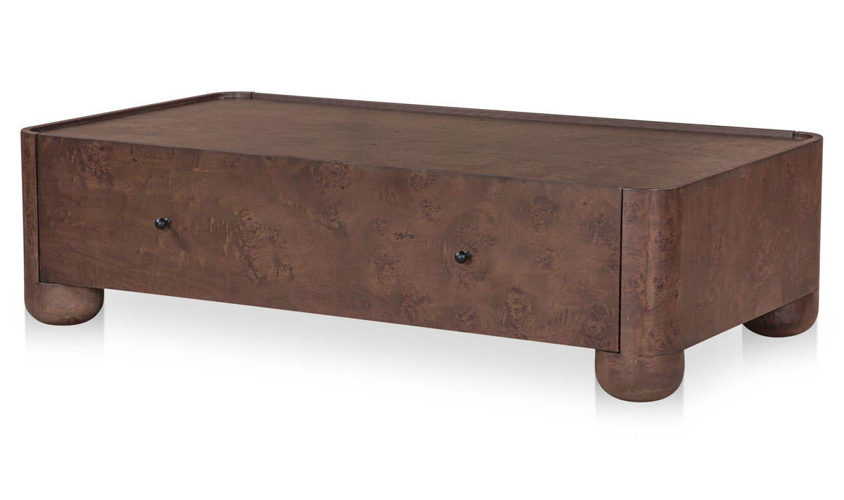 Galway Coffee Table in Burl — three-quarter view