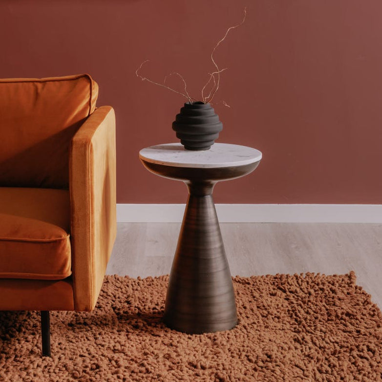 Frejus Side Table in White Marble — styled in a living room
