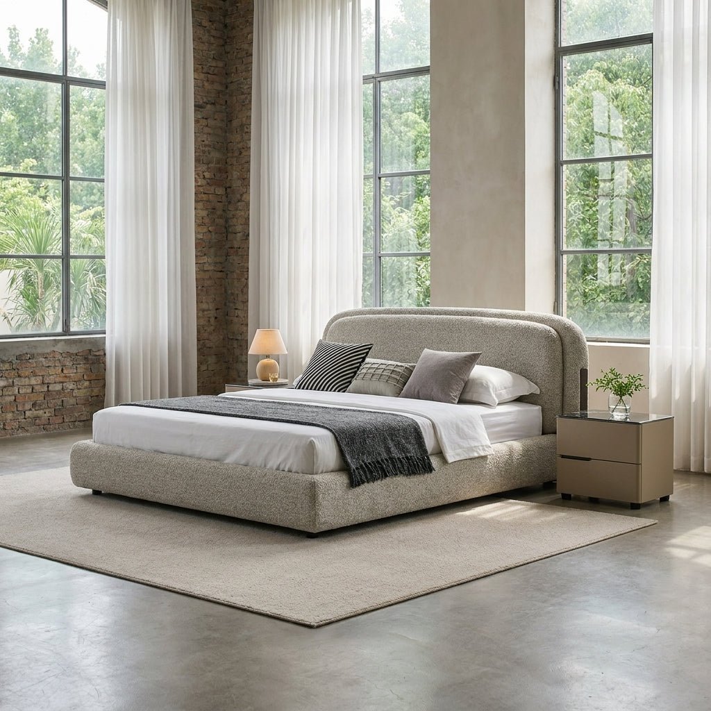 Fort-de-France King Bed with matching nightstands in warm velvet — Altera Home Design