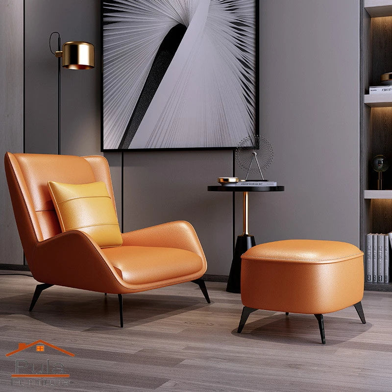 Pula Main PM06 Premium Cowhide Leather Relaxation Chair with Ottoman - Brown