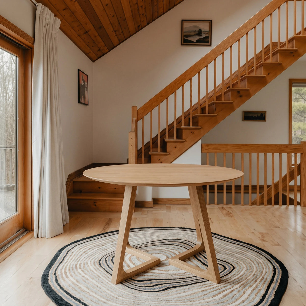 Gisborne Round Dining Table in Natural Oak on its own in a cabin dining area