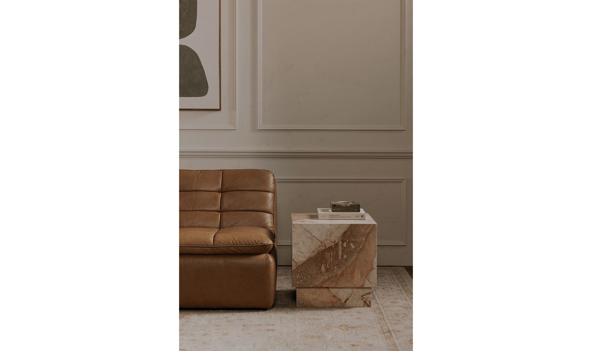 Lismore Side Table in Breccia Marble — styled in a living room