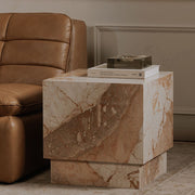 Lismore Side Table in Breccia Marble — styled in a living room