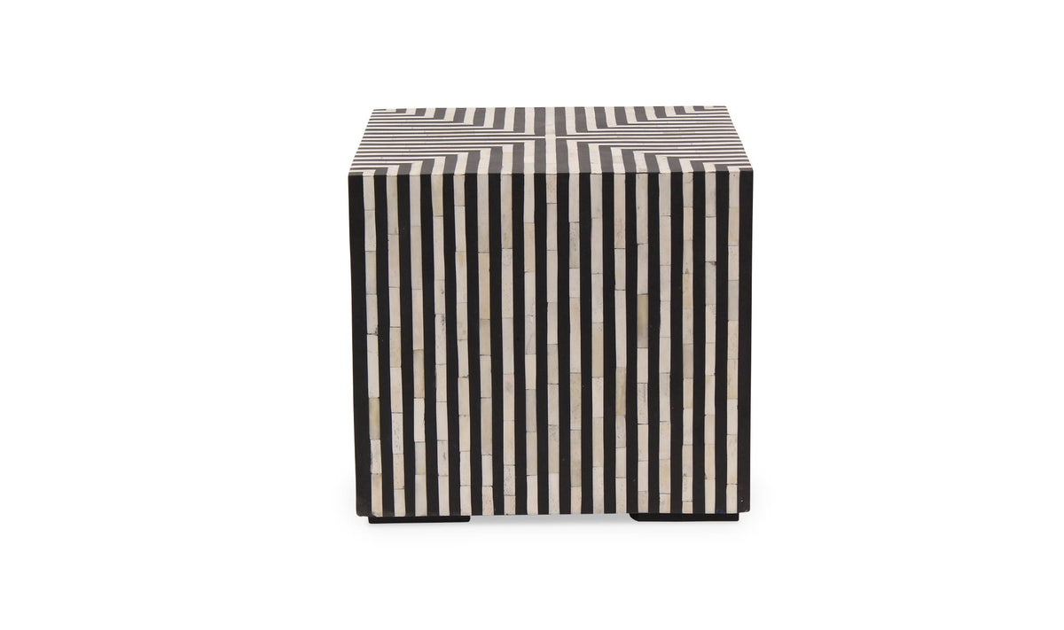 Trieste Side Table in Black and White — bone veneer in resin, 18" × 18"