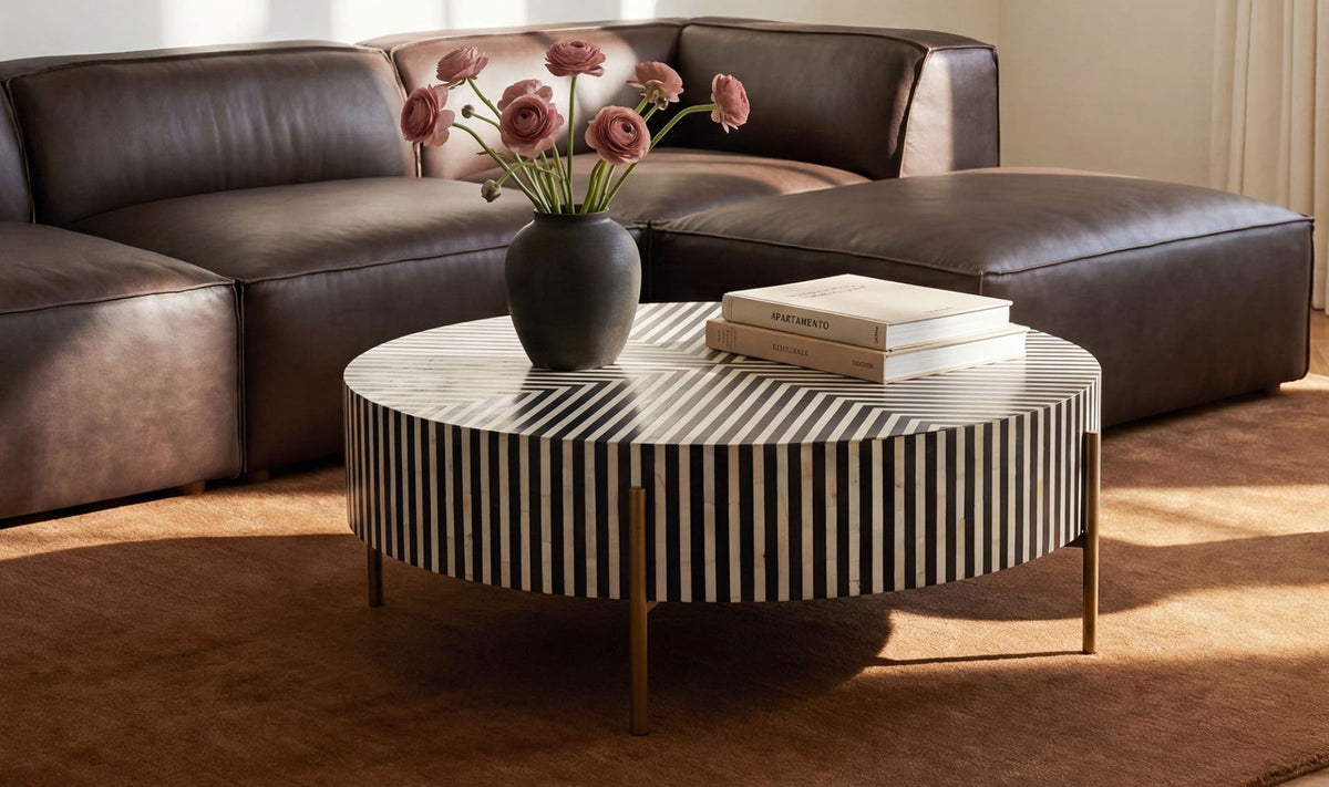 Calais Coffee Table in Black and White — styled in a living room
