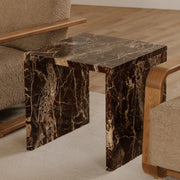 Riomaggiore Accent Table in Rosso Levanto Marble — styled in a living room