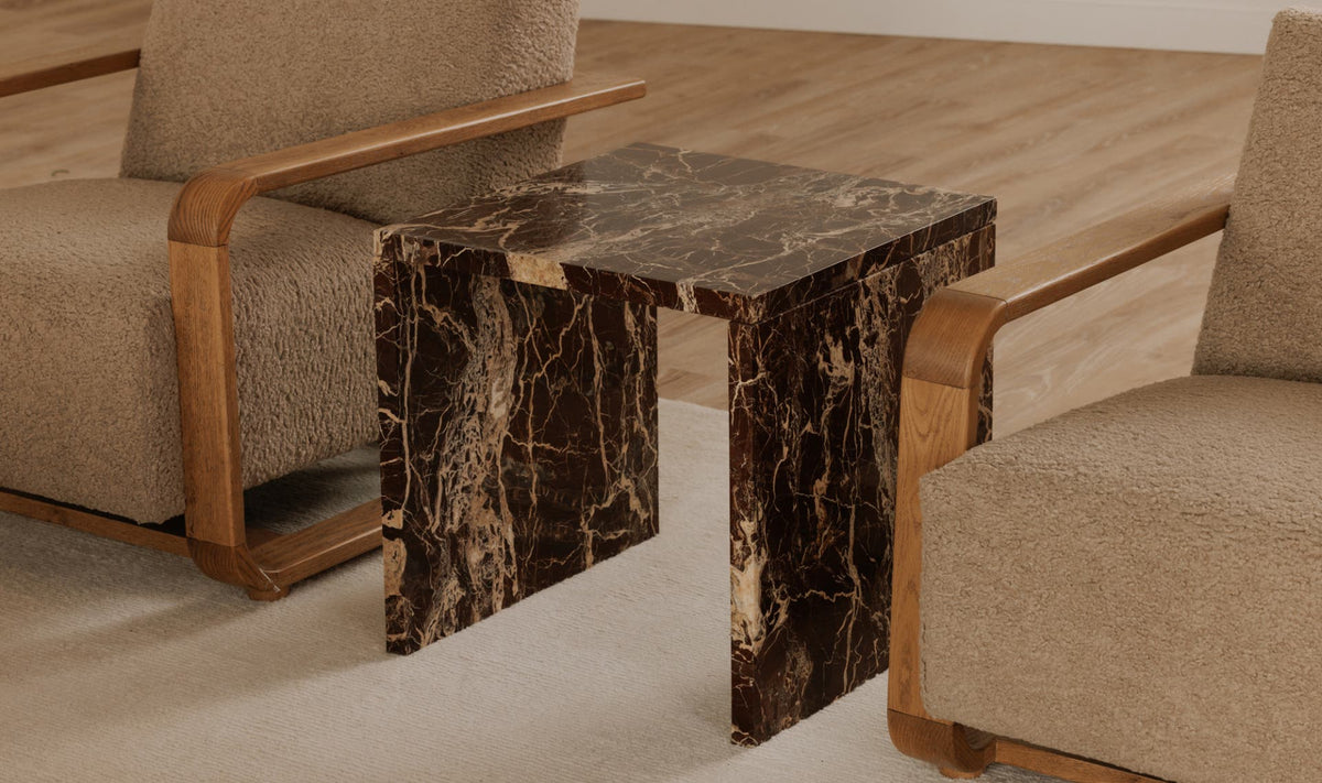 Riomaggiore Accent Table in Rosso Levanto Marble — styled in a living room