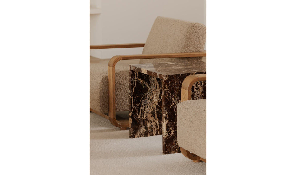 Riomaggiore Accent Table in Rosso Levanto Marble — styled in a living room