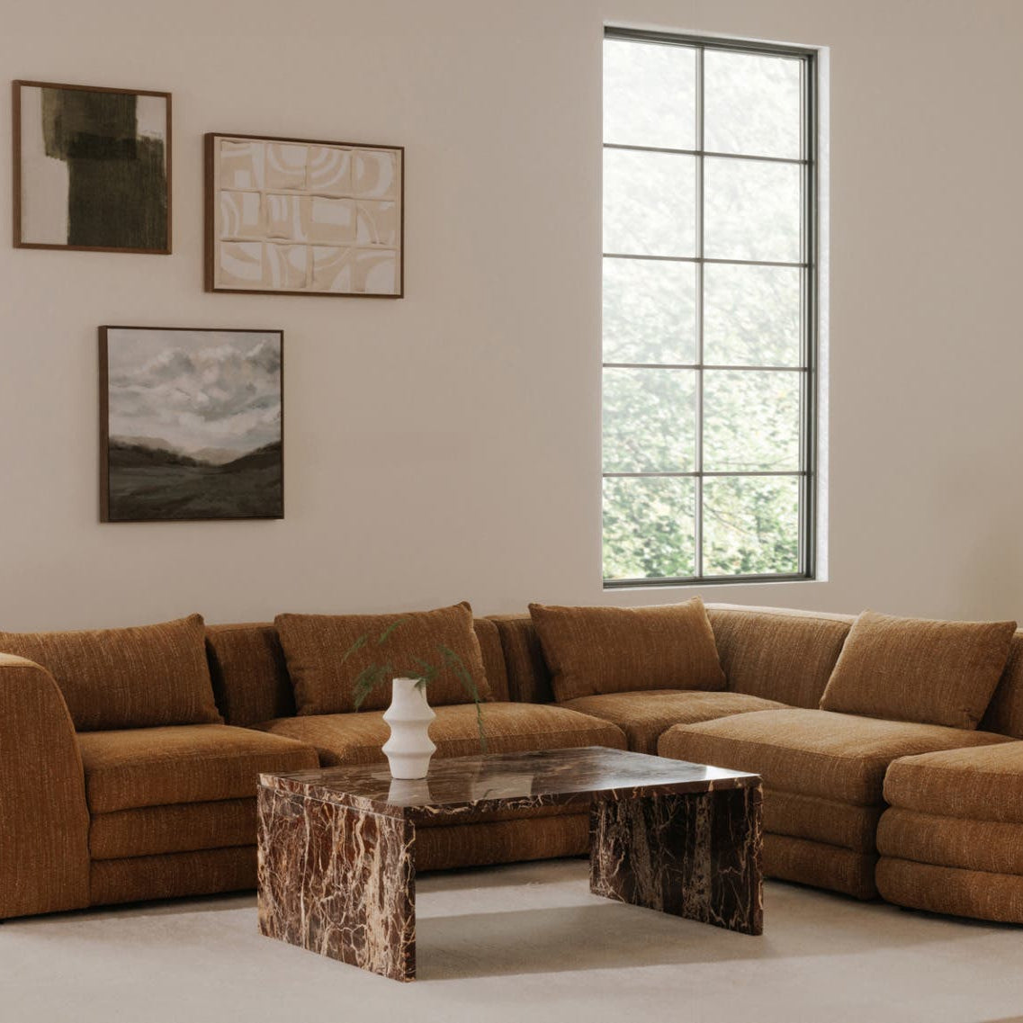 Riomaggiore Coffee Table in Rosso Levanto Marble — styled in a living room