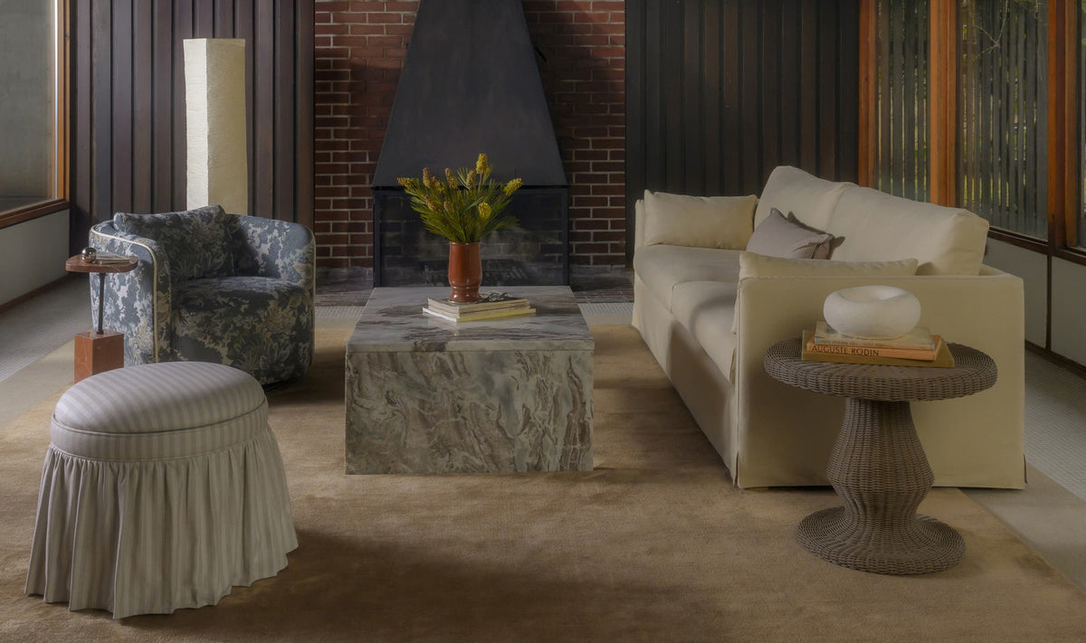 Riomaggiore Coffee Table in Torrento Marble — styled in a living room