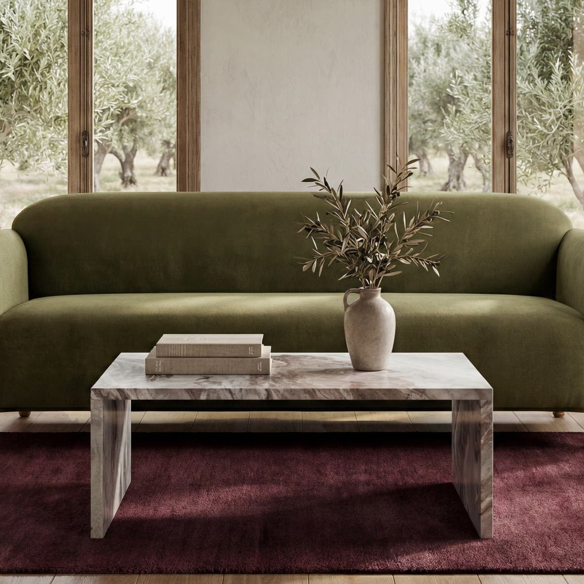 Riomaggiore Coffee Table in Torrento Marble — styled in a living room