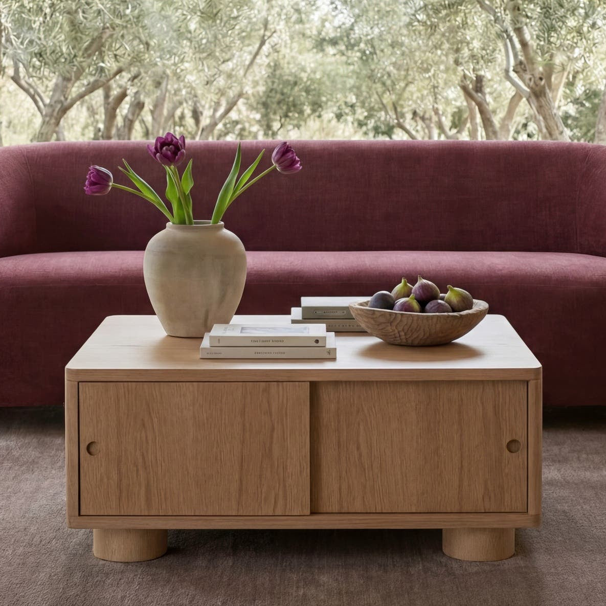 Hobart Storage Coffee Table in Natural — styled in a living room
