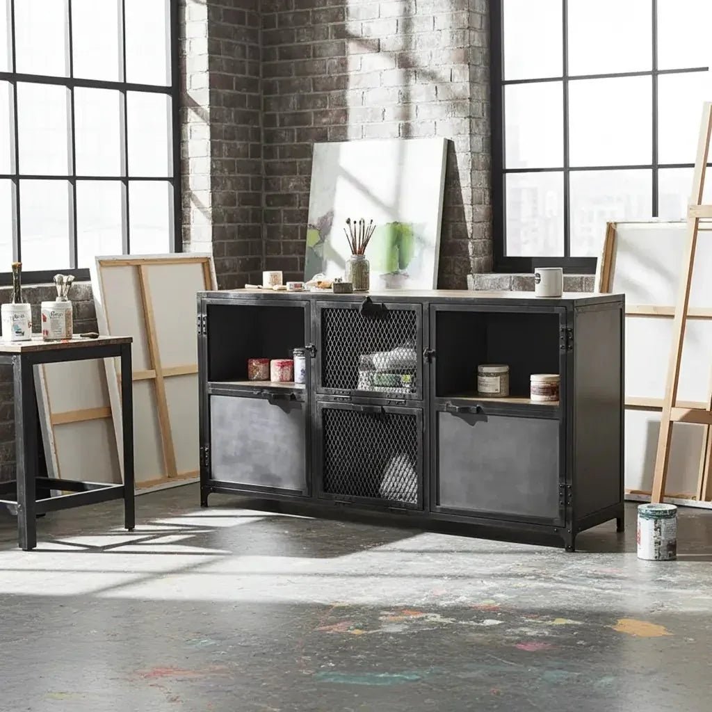 Ibiza Sideboard in Mango Wood and Raw Steel with Glass Doors - Altera
