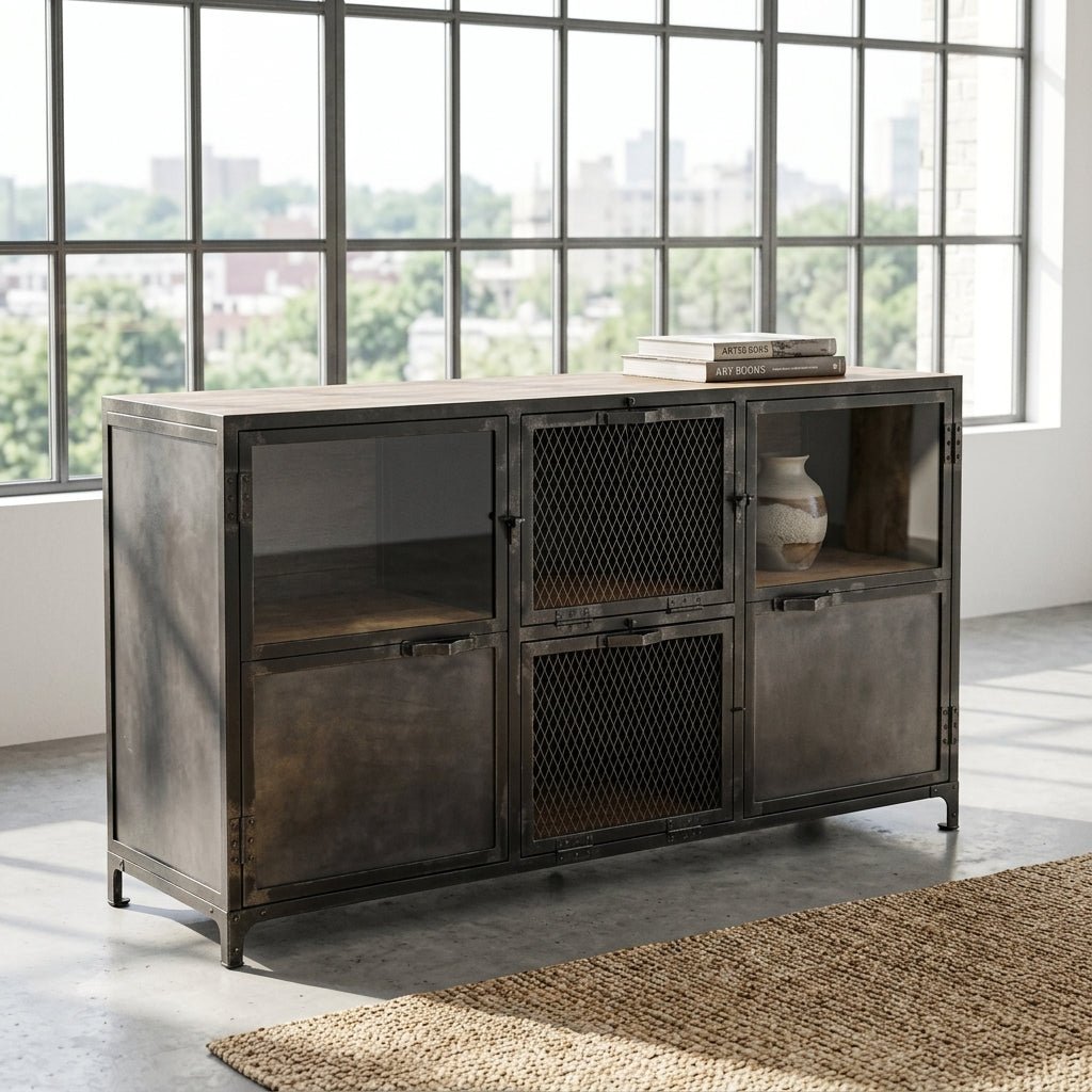 Ibiza Sideboard in Mango Wood and Raw Steel with Glass Doors - Altera
