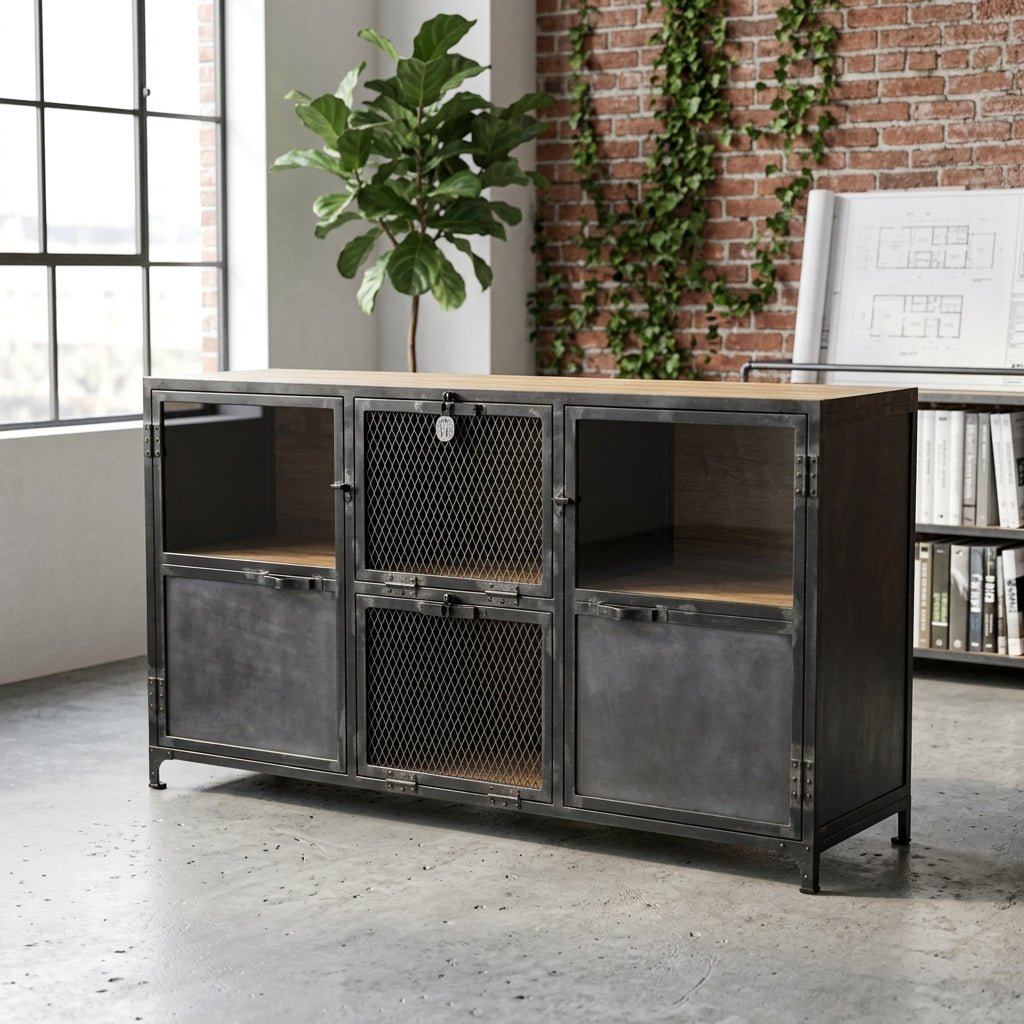 Ibiza Sideboard in Mango Wood and Raw Steel with Glass Doors - Altera