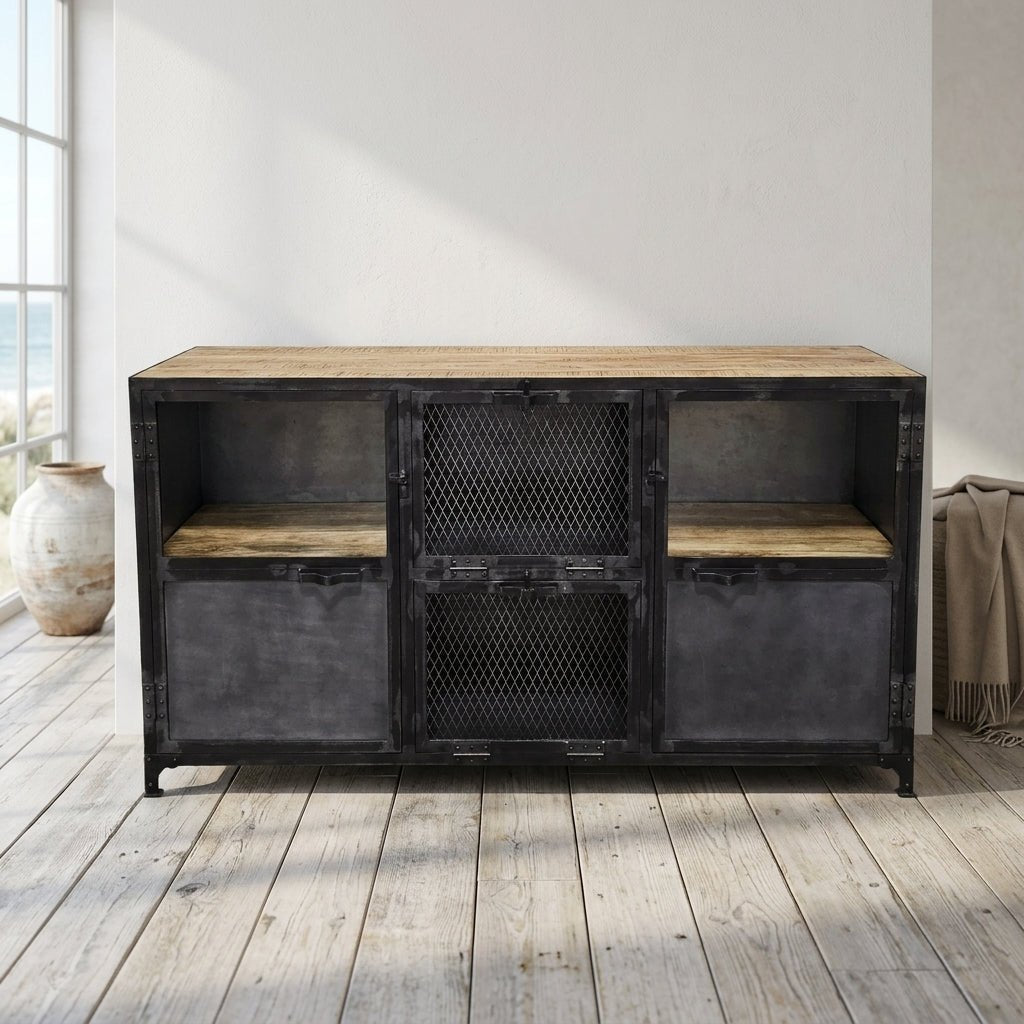 Ibiza Sideboard in Mango Wood and Raw Steel with Glass Doors - Altera