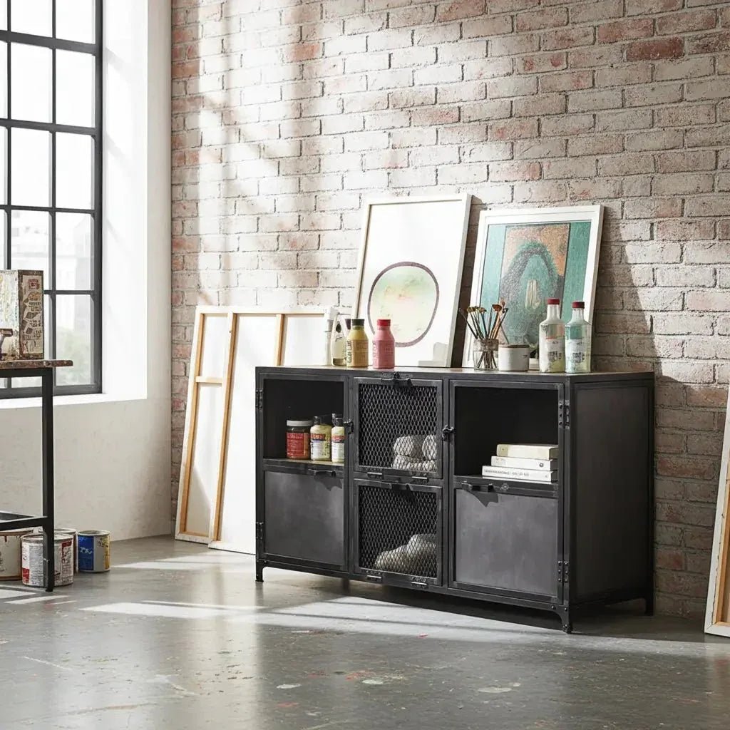 Ibiza Sideboard in Mango Wood and Raw Steel with Glass Doors - Altera
