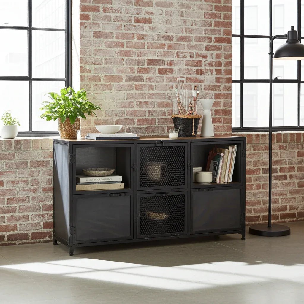 Ibiza Sideboard in Mango Wood and Raw Steel with Glass Doors - Altera