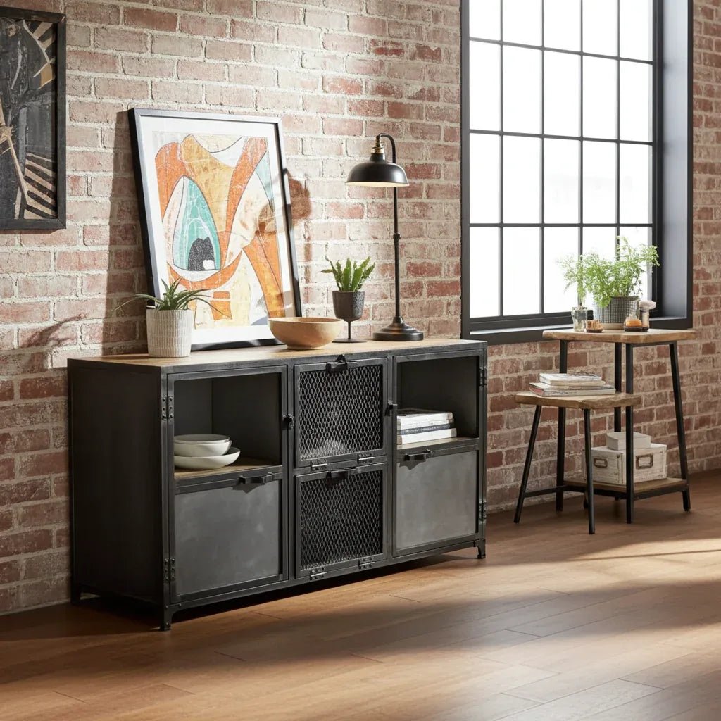 Ibiza Sideboard in Mango Wood and Raw Steel with Glass Doors - Altera
