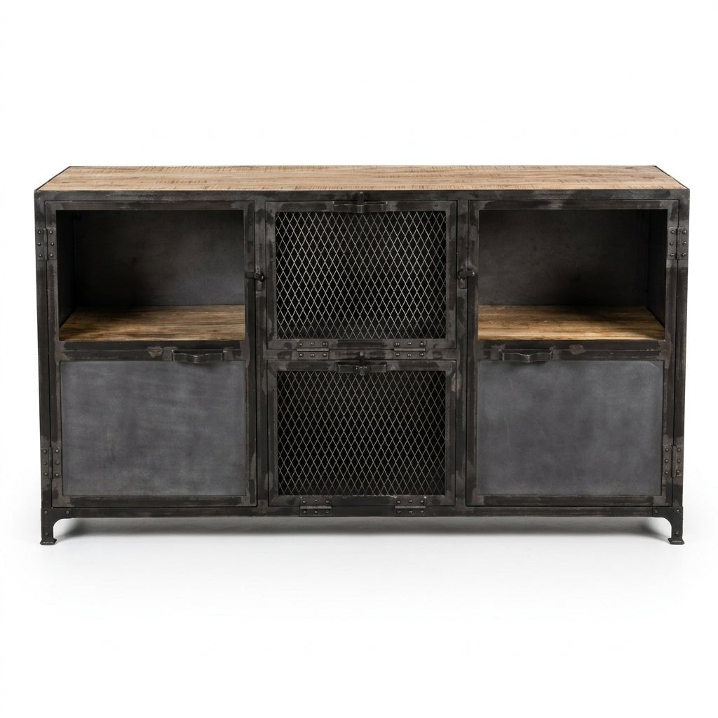 Ibiza Sideboard in Mango Wood and Raw Steel with Glass Doors - Altera