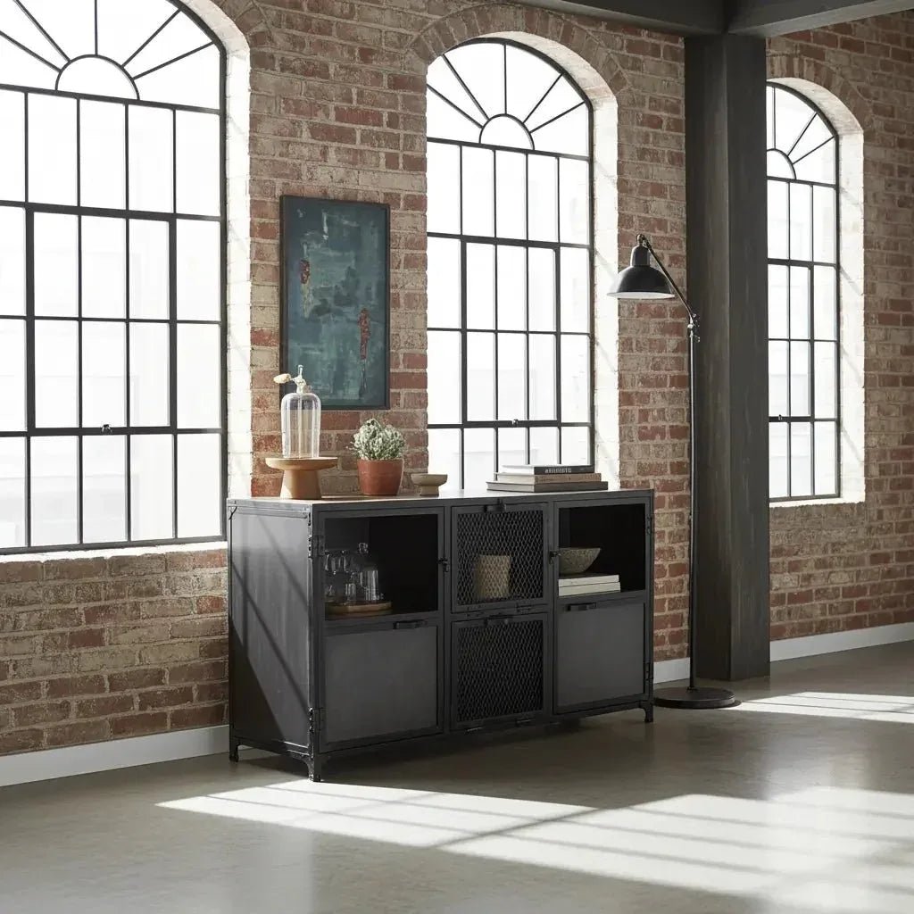 Ibiza Sideboard in Mango Wood and Raw Steel with Glass Doors - Altera