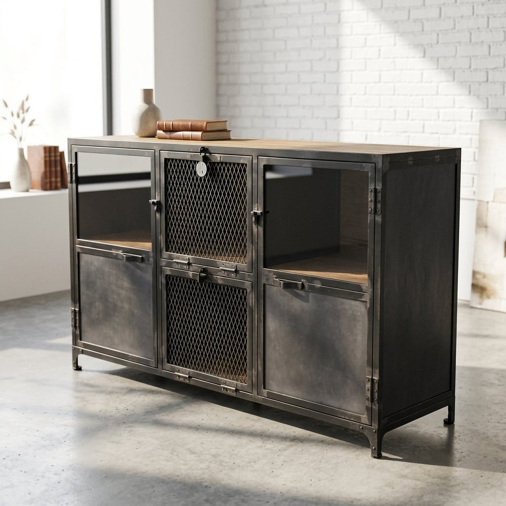 Ibiza Sideboard in Mango Wood and Raw Steel with Glass Doors - Altera