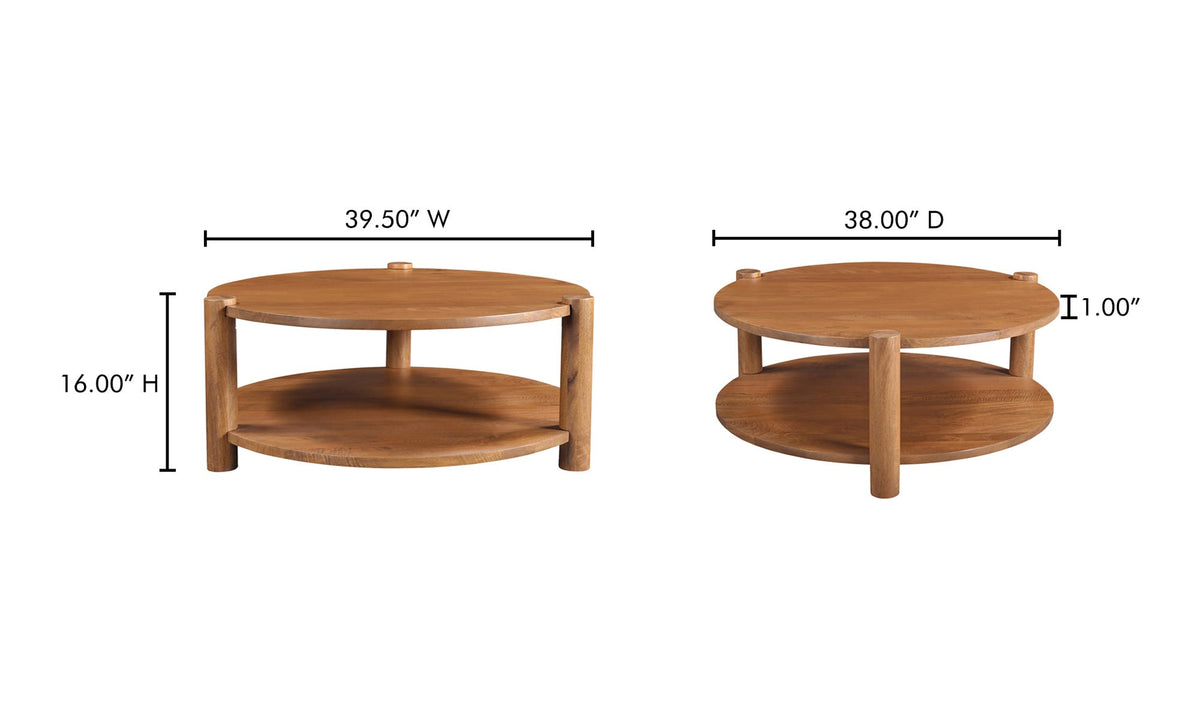 Orvieto Coffee Table in Vintage Brown — dimensions diagram, 39½" × 38"